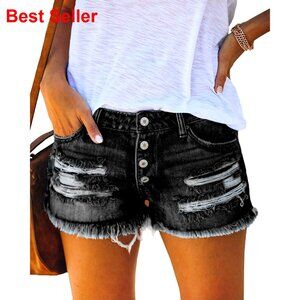 Ripped Mid Rise Denim Shorts Stretchy Casual Raw Hem Jean Shorts